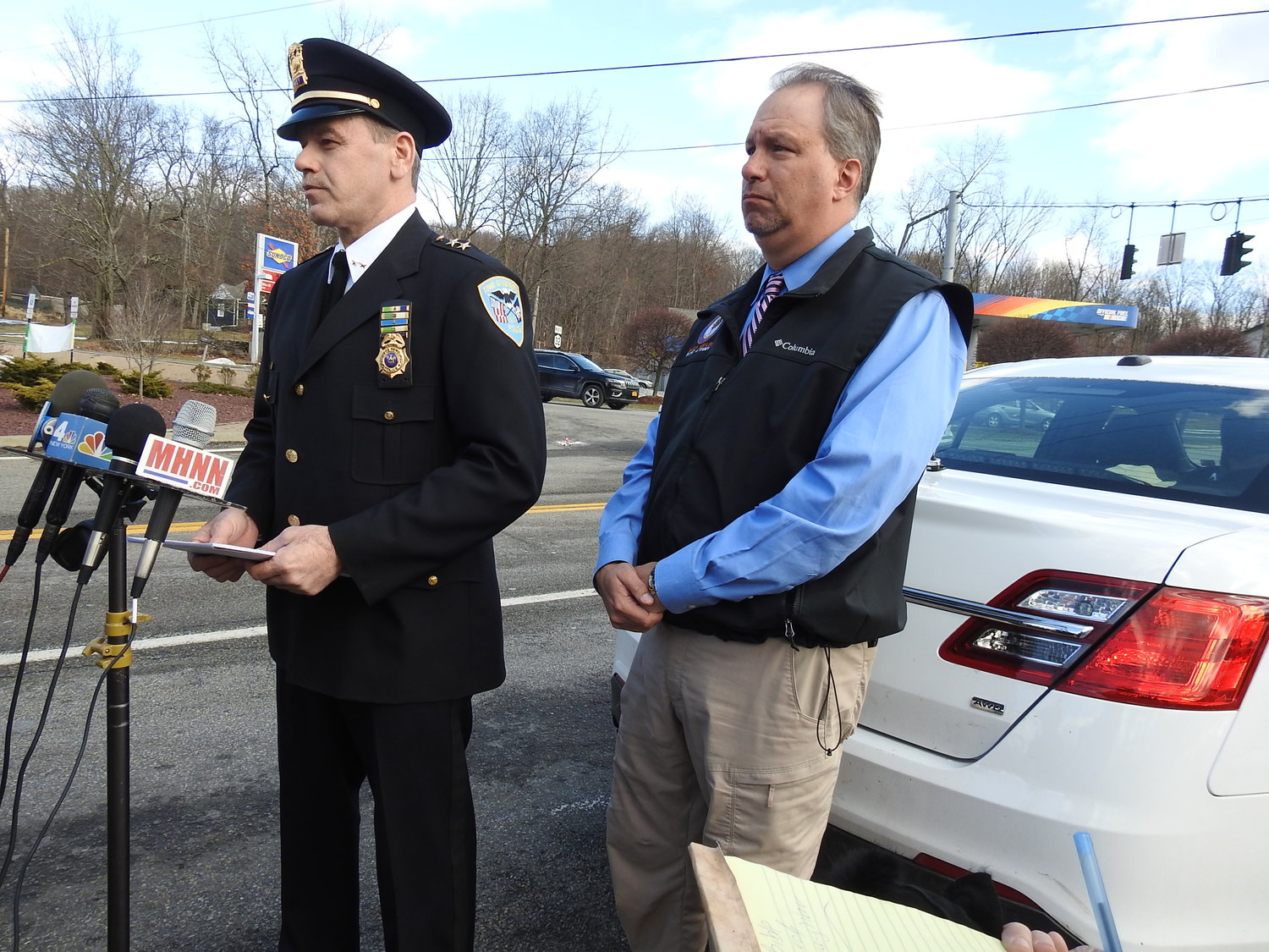 Town of Newburgh Police Chief Donald Campbell addressing the media, Sunday, near the intersection on Route 300 and 32 in the Town of Newburgh