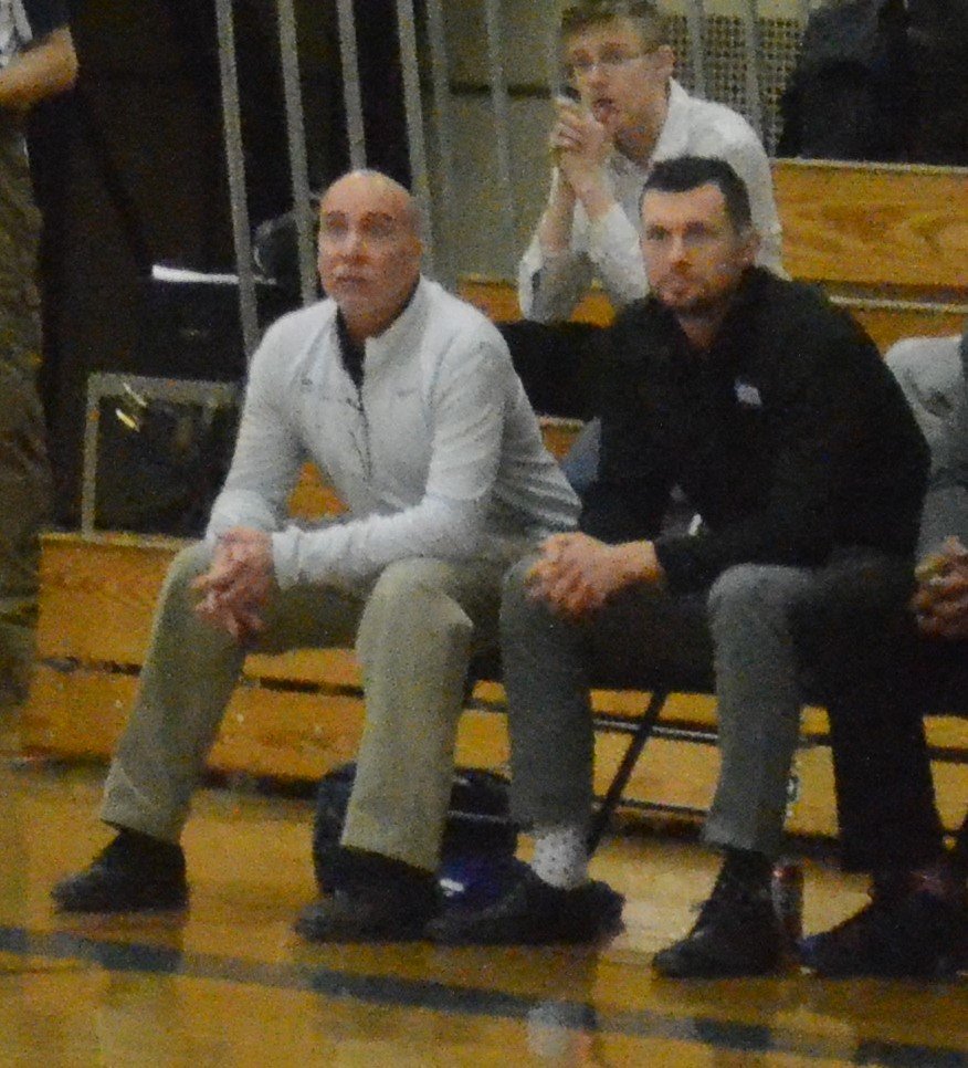Frank Nutt, right, sits with then-Valley Central boys’ basketball coach Eric Bartle as the Vikings play Pine Bush on Jan. 30. Nutt, in his first year as the program’s head coach is dealing with the season being indefinitely postponed until authorization for basketball is given by Gov. Andrew Cuomo.