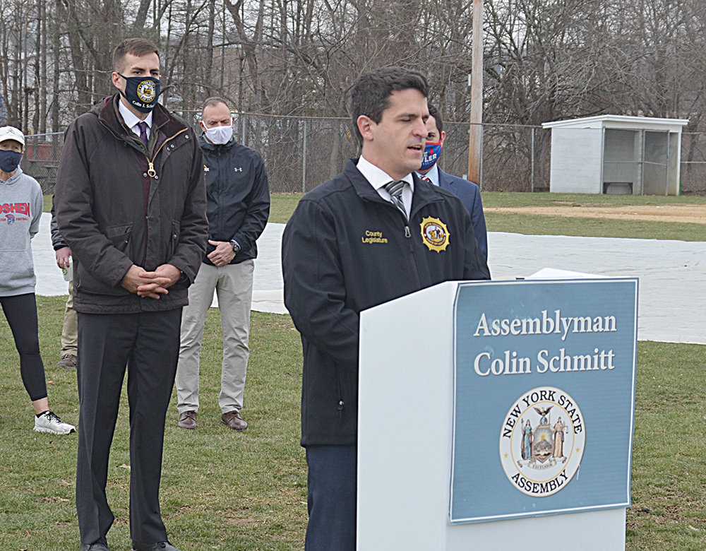 Ulster County Legislature Minority Leader Ken Ronk of Wallkill  speaks for Assemblyman Brian Miller at a press conference calling for the state to authorize all sports throughout the state on Thursday at Smith Clove Park in Monroe.