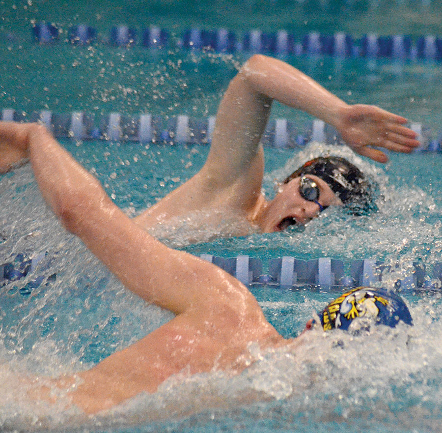 Valley Central’s Sean Zupko races Washingtonville’s Andrew Smolar in the 500-yard freestyle during the Section 9 boys’ swimming championship meet at Valley Central High School in Montgomery on Feb. 22, 2020.