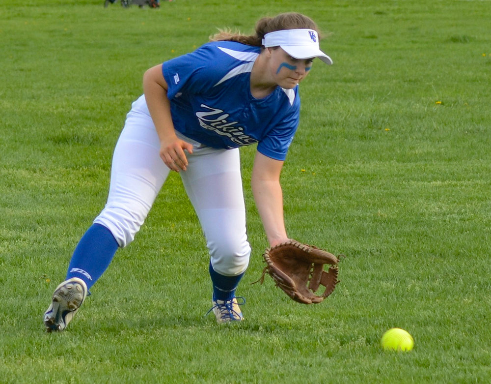 Valley Central left fielder Audrey Conklin fields the ball during Thursday’s OCIAA Division II softball game.