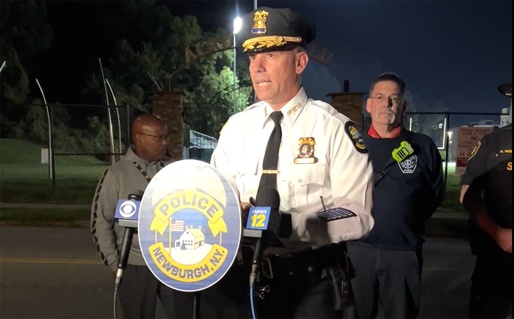 Police Chief Anthony Geraci speaks to the media Friday night following a shooting incident in the Newburgh Free Academy North Parking Lot.