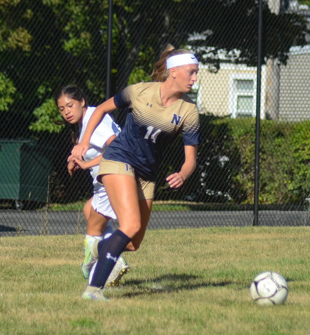 Newburgh’s Marina Parodo moves the ball away from an FDR defender during a non-league girls’ soccer game on September 2 at NFA North.
