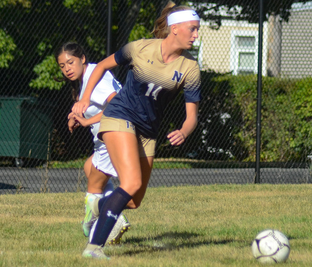 Newburgh’s Marina Parodo moves the ball away from an FDR defender during a non-league girls’ soccer game on Sept. 2 at NFA North.