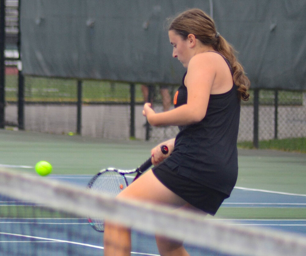Marlboro's Sydney Sladicka hits the ball during the MHAL girls' tennis tournament on Oct. 13, 2021, at FDR High School in Hyde Park