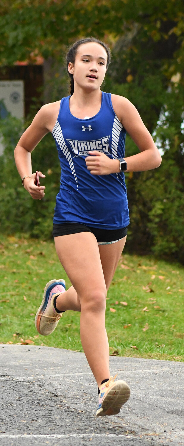 Valley Central's Sydney Remenar runs toward the finish line at a non-league cross-country meet on Oct. 17 at Chadwick Lake Park in Newburgh.