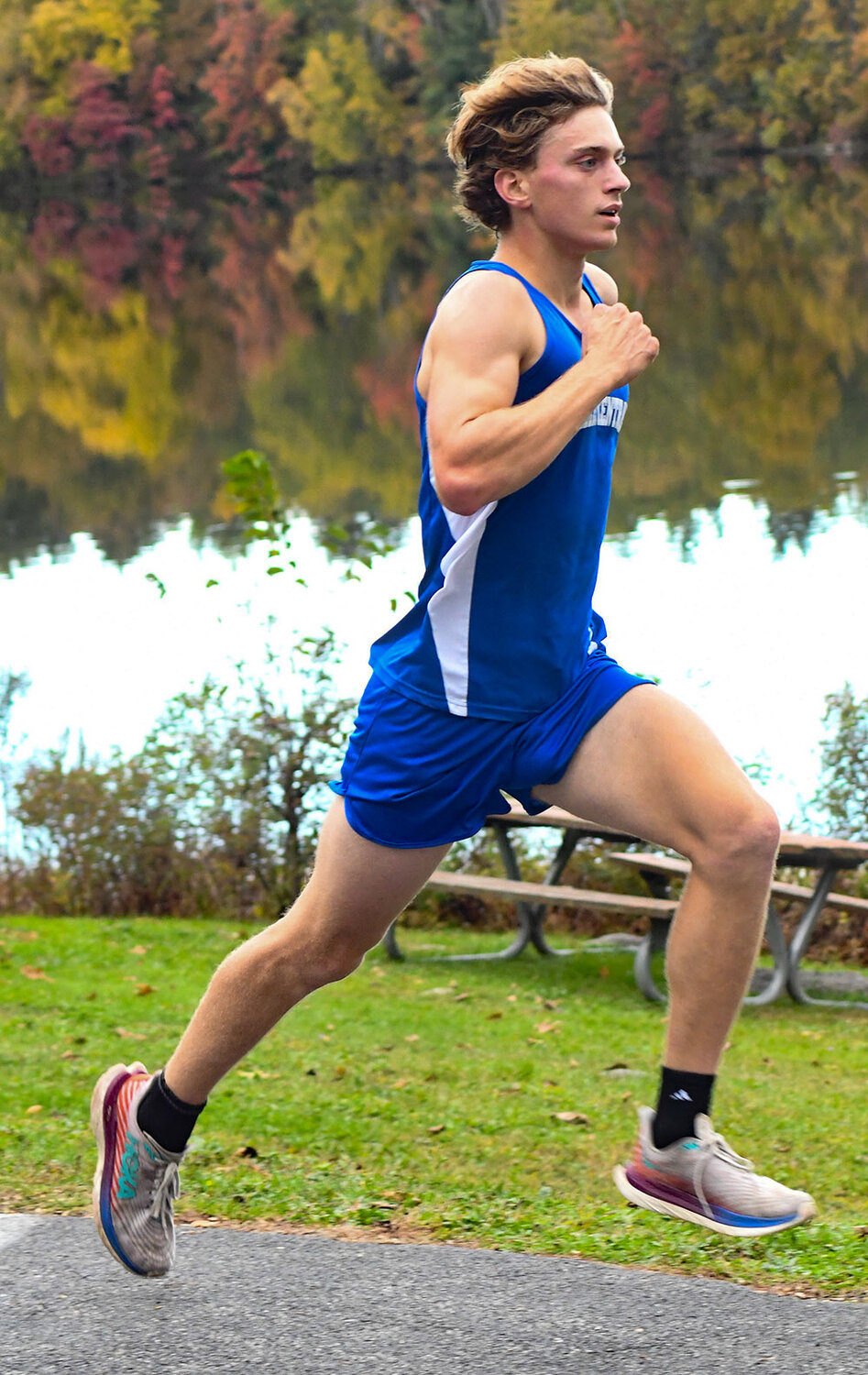 Valley Central's Caleb Sahlstrom runs toward the finish at a non-league cross-country meet on Oct. 17 at Chadwick Lake Park in Newburgh.